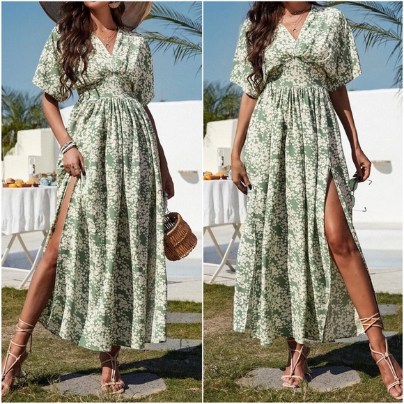 Boho Mint Floral Print Kimono Sleeve Maxi Dress - Picture 2 of 2
